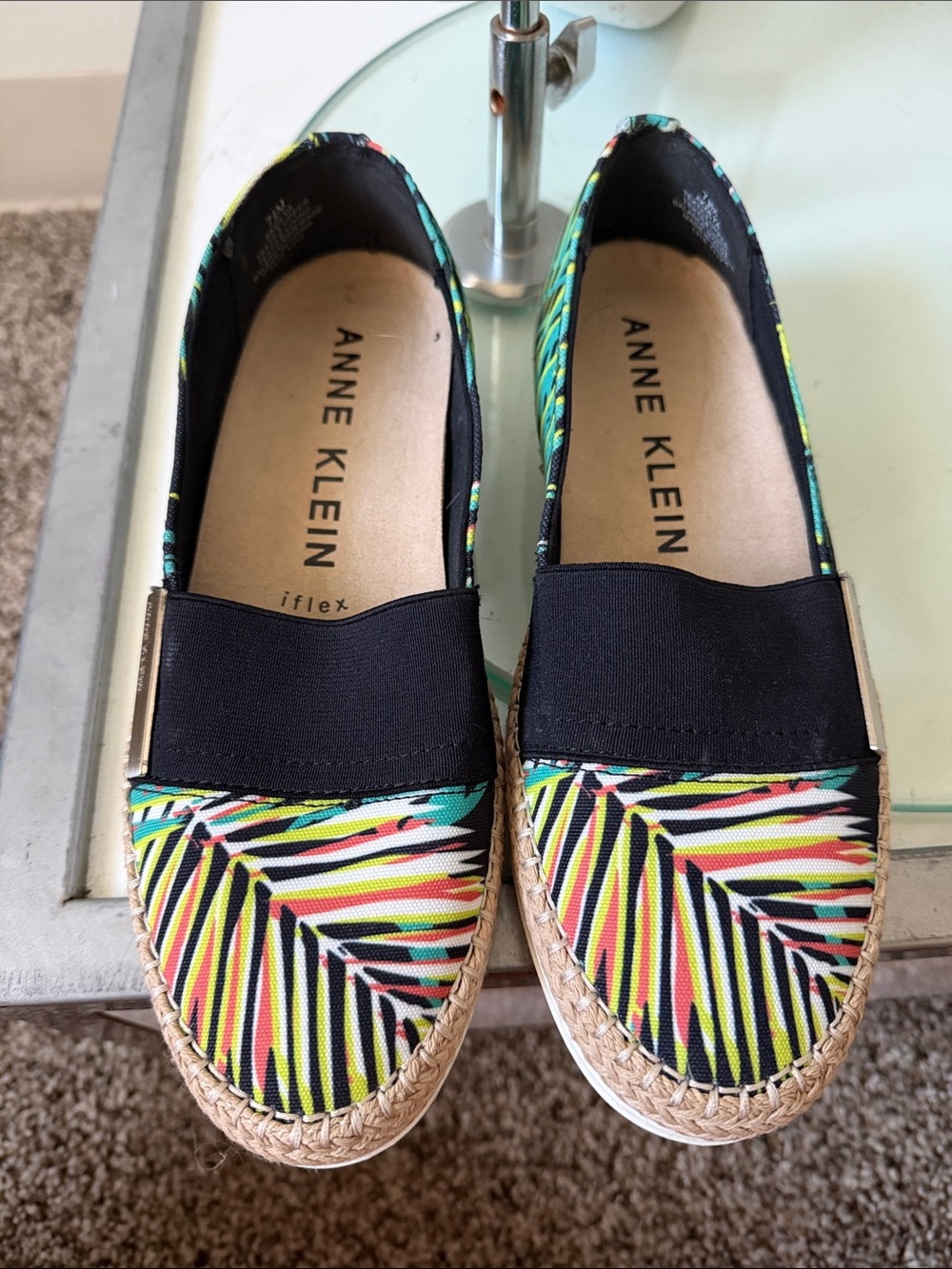 Anne Klein Black Multicolor Tropical Stripe Espadrille Slip-Ons